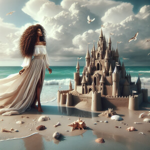 On a bright serene beach, an Afro Latina woman with long wavy ha...