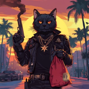 A humanoid cat character standing in a bustling city street at d...