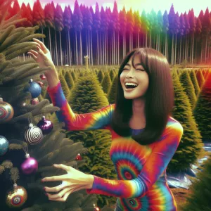 A woman with straight, shoulder-length brunette hair in a hippie...