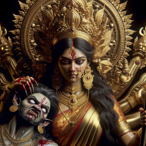 portrait of angry looking goddess durga sitting on a gold crown...