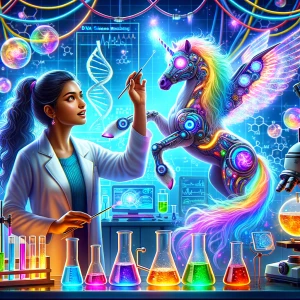 In a bustling lab filled with swirling colors and flashing light...