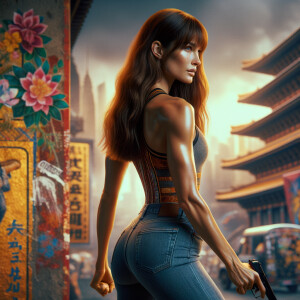 Athletic Thin skinny Attractive, Asian teenage girl, long brown hair and bangs, wearing tight skinny jeans and a halter top paint marks on her clothing, heroic pose Asian graffiti background, backside view