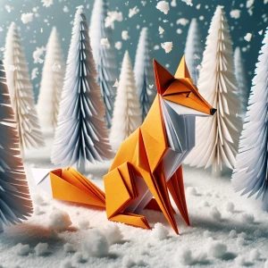An Origami Fox in a Winter landscape