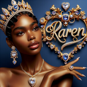 Craft a 3-D image showcasing the name 'KAREN' in a luxurious gol...