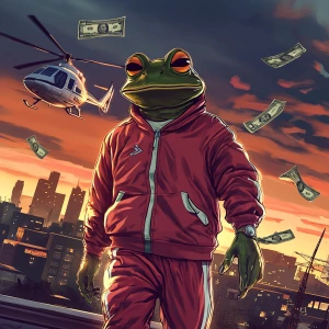 Iconic PEPE the Frog with a sly smirk and expressive cartoonish...