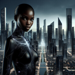 A Nigerian female named Shadow Force wears a sleek black suit in...