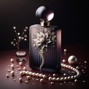 Create an image of a sophisticated perfume bottle that is designed to resemble the silhouette of a woman's figure. The glass of the bottle should be a deep, dark purple, evoking a sense of mystery and luxury. Adorning this unique bottle, there should be a pattern of a single, intricate white and soft pink flower, with a string of pearls that gracefully follows the curves of the bottle's form. The neck of the bottle, slim and elegant, is encircled by a band of gold inlaid with tiny sparkling diamonds, leading up to a large, lustrous pearl that serves as the bottle's cap. Include additional details such as scattered pearls, a petal, and a golden twig with a single pearl on the maroon surface around the bottle, all of which reinforce the sophisticated and luxurious theme. The perfume bottle is a signature piece for a person named Karen, reflecting her refined and elegant taste.