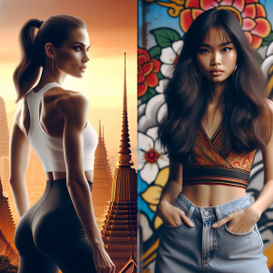 Athletic Thin skinny Attractive, Asian teenage girl, long brown hair and bangs, wearing tight skinny jeans and a halter top paint marks on her clothing, heroic pose Asian graffiti background, backside view