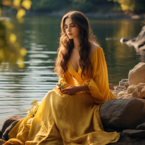 Capture the elegance of a fair-skinned woman with dark long hair...