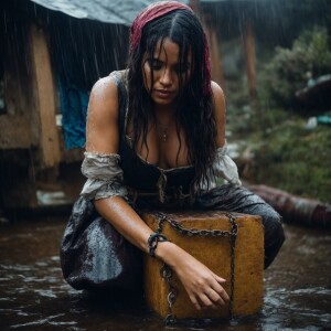 A drenched Wench clothes torn, squatting,  chained onto a breadi...