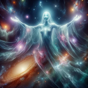 A spectral luminous entity, ethereal limbs outstretched, a celes...