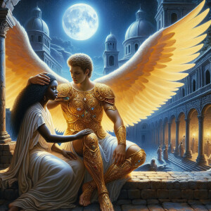 Create an oil painting image featuring a male angel and a grievi...