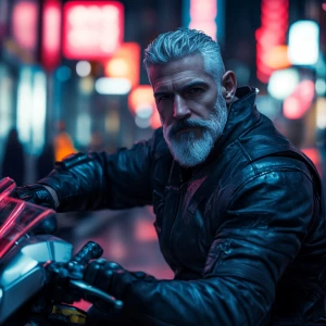 In the heart of a futuristic city, illuminated by neon reflectio...