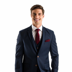 A man wearing a suit.

The Suit Color is Navy Blue

The Tie Colo...