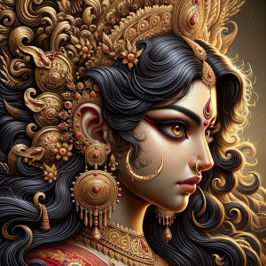 Side view portrait of gorgeous and angry goddess durga. intricately detailed depiction of a goddess. gold jewelry all over body. sharp nose, light skin, beautiful brown eyes, wavy black hair, ultra detailed face. Wearing red saree, a lot of ear piercings, uhd, hdr, 64k, epic scene. Photography, ultra detailed face, epic, 8K