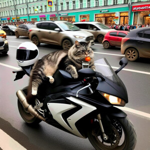 A large, relaxed cat atop a sports motorcycle in Moscow, casuall...