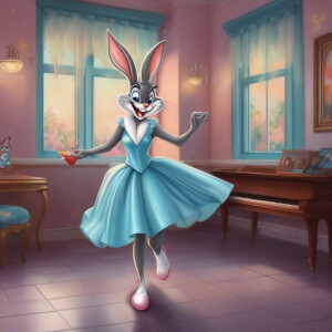 Anthropomorphic looney tunes bugs bunny wearing a lovely prom dr...