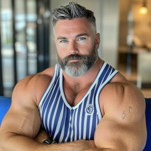 The image shows a white man with a beard blue eyes, grayish blac...