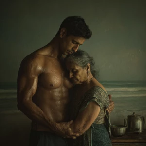Realism photo painting.a muscular sweaty indian man standing b...