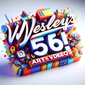 Create a 3D animated logo with the text "Wesley's Art & Videos56" using creative and dynamic typography. Employ a bright and vivid color scheme to represent the brand's identity as a multimedia content creator. Ensure the logo animation is lively, visually appealing, and conveys both creativity and a professional approach to digital media.