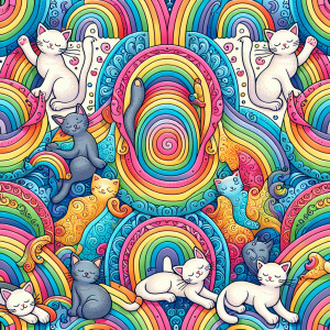 A pattern of cats and rainbows