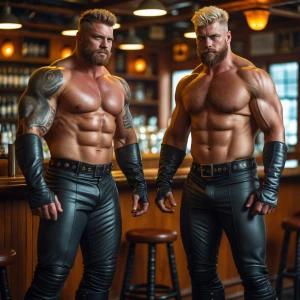 two beefy toned hairy men frosted hair shirtless 
with scruffy f...
