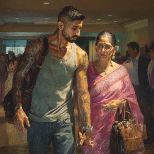 Hyperrealism,sharp painting,A sweaty tattoed muscular  man walki...