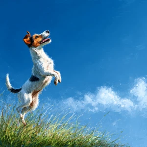 Create an image depicting a joyful dog dancing on its hind legs...