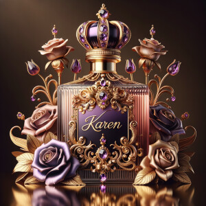 Craft an image of an ornate perfume bottle, with a luxurious design featuring purple roses and intricate gold detailing. At the center of the bottle, include an elegant, raised gold script that spells out the name 'Karen'. The bottle should exude opulence with a jeweled crown-like cap and a background that suggests sumptuousness and sophistication. The script should be harmonious with the lavish design, standing out against the purple and gold palette.