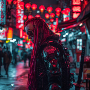 A cyberpunk samurai with red hair, blug sword --chaos 25
