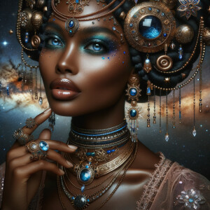 "Create a portrait of a regal  latino woman with an ethereal and cosmic theme. Her skin is a glossy tan brown, with a smooth and flawless finish that reflects light. Her eyes are a striking electric blue, like sapphires, with a makeup that accentuates their shape and the intensity of their color. Her hair is styled into an intricate array of braids, coils, and twists that cascade down and frame her face, adorned with beads and jewels that catch the light. She wears an elaborate headdress made of swirling patterns and motifs that evoke the mysteries of the universe, studded with shimmering stones and intricate enamel work in hues of blue and gold. Her attire consists of a cascade of layered necklaces and a majestic, shoulder-grazing earring, each piece detailed with a mix of precious stones, metals, and intricate beadwork. The background is a tapestry of stars and nebulas, suggesting a connection to the cosmos. Her pose is serene, with a hand gracefully touching her chin, adorned with rings that complement her other jewelry, all coming together to suggest an aura of wisdom and grace."