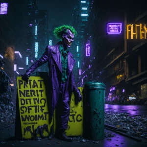 hyperrealistic Image of The Joker stepping on a sign that says[P...