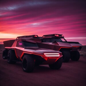 Design a futuristic Cybertruck with clean, angular lines, a stai...