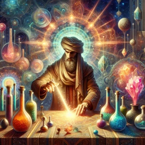 An alchemist surrounded by bubbling vials, glowing crystals, and...