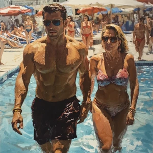 Realism,sharp art.a muscular sweaty  man walking with a 55 year...