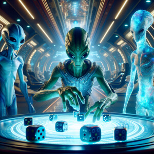 An alien shooting dice with alien friends. Lifelike cinematic sc...