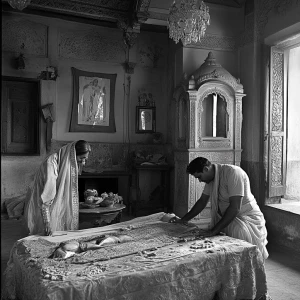 An Indian funeral scene inside a grand Rajasthani haveli, with a...