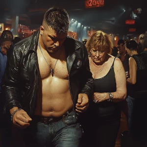 realism,a muscular beefy sweaty man,walking entering in a night...