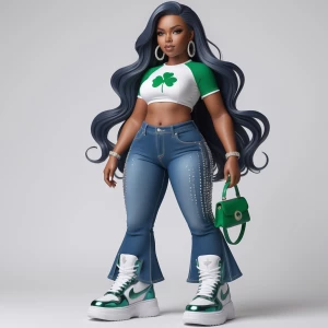 A ultra glam ultra glossy ultra hyper realistic chibi-style  African American woman melanin skin tone, featuring a curvier body shape. The character is wearing a green and white sporty cropped top with a clover graphic and high-waisted, bell-bottom denim jeans with sparkling rhinestones. The character has large silver hoop earrings and oversized ultra-glossy high-top sneakers with a polished shine. Her long, shiny hair is styled in soft waves, and she has brown eyes. The background is white