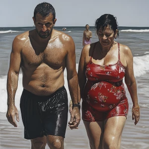 Photorealism.a muscular sweaty man walking  with his 50 years ol...