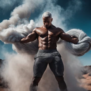 Create an image depicting a muscular male genie with gray hair a...