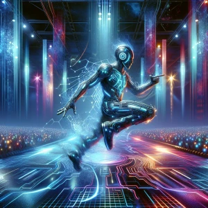 In a mesmerizing display of neon-lit holographic extravagance, a charismatic figure dances on stage surrounded by a symphony of digital visuals. This vivid scene is captured in a hyper-realistic acrylic painting, with each pixel-painted detail exuding an otherworldly glow. The performer's sleek, metallic suit reflects the pulsating lights, while their electrifying movements seem to defy gravity. The overall image is a masterful blend of futuristic technology and artistic skill, immersing viewers in a virtual concert experience like no other.c4hccxz