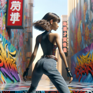 Athletic Thin skinny Attractive, Asian teenage girl, long brown hair and bangs, wearing tight skinny jeans and a halter top paint marks on her clothing, heroic pose Asian graffiti background, backside view