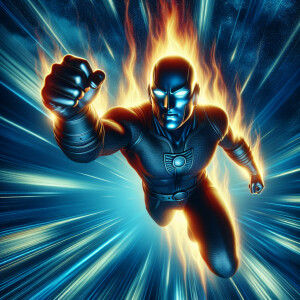 In the image, an animated superhero is depicted flying through t...