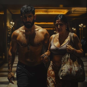 Hyperrealistic painting 1:1.A sweaty beefy muscular son in law c...