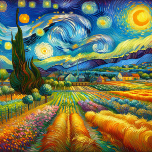 Night, stars, field, village