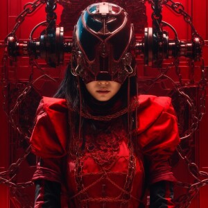 **A Japanese girl in black and red, wearing an iron mask with me...