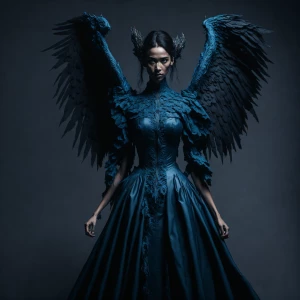 a woman in blue gown, angelic but demonic