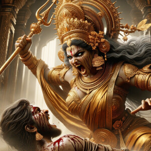 portrait of angry looking, indian goddess lunging at a weak mahi...