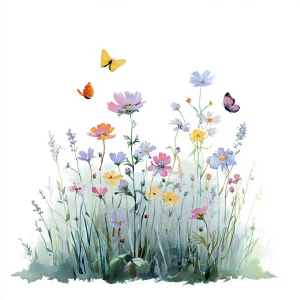 Wildflower field, butterflies flying, in vintage watercolor styl...